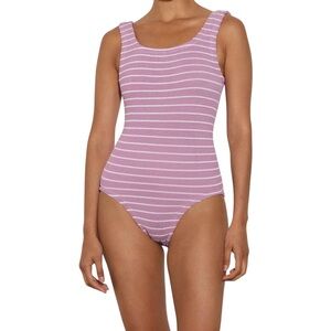 Hunza G x Helena Christensen Square Neck Stripe Swim Lavender/White ONE SIZE
